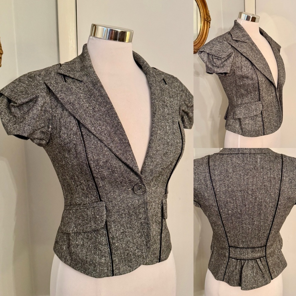 Bebe Cropped Blazer Jacket Gray Wool Blend Steampunk Detailed Fitted Victorian